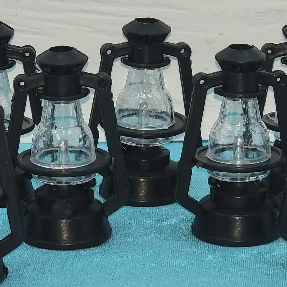 Lot of 9 Mini Plastic Lantern Ornaments Lamp Decor 2 Inch Tall Black Clear